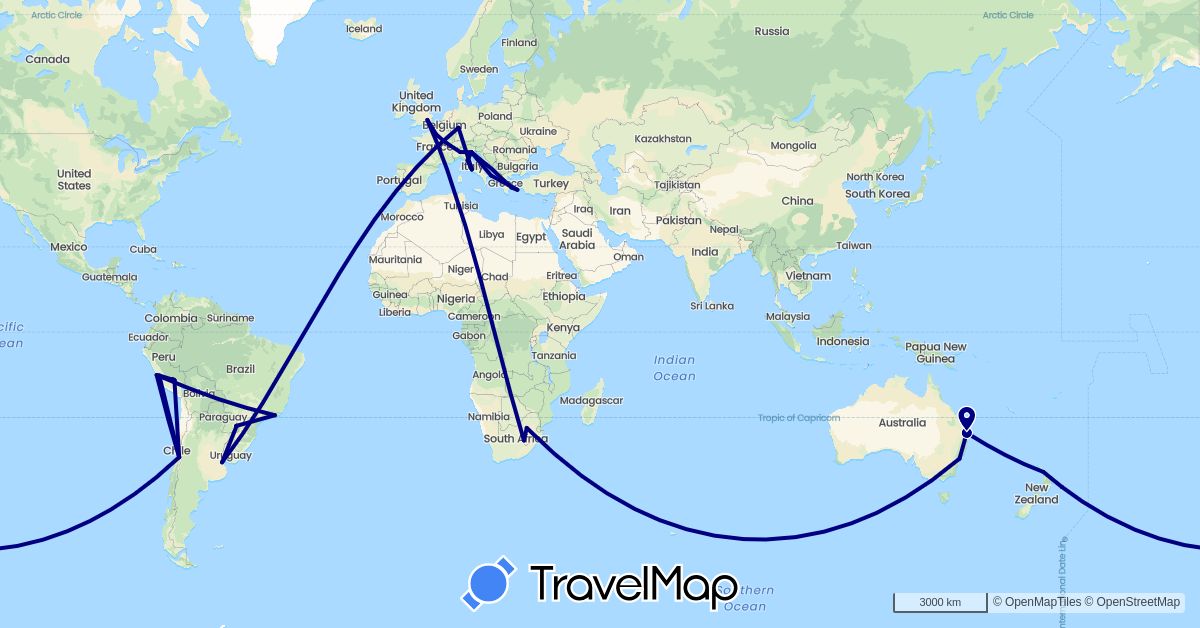 TravelMap itinerary: driving in Argentina, Australia, Brazil, Chile, Germany, France, United Kingdom, Greece, Italy, New Zealand, Peru, South Africa (Africa, Europe, Oceania, South America)